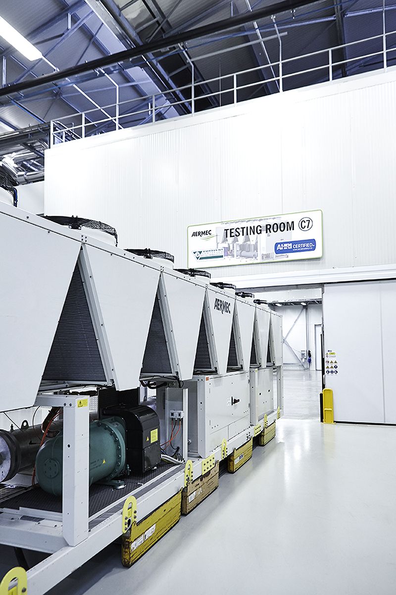 AERMEC rooftop heat pump array at a completed installation